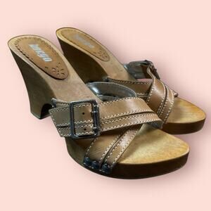 Vtg Women's Y2K 90s Bongo Leather Buckle Wood Wedge Platform Open Toe Clogs Sz 8